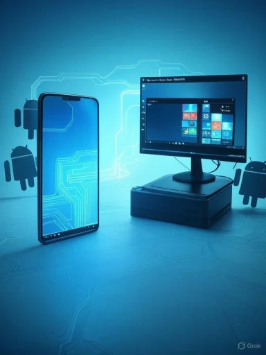 A smartphone and desktop monitor rest on a blue, circuit-themed backdrop with Android icons.