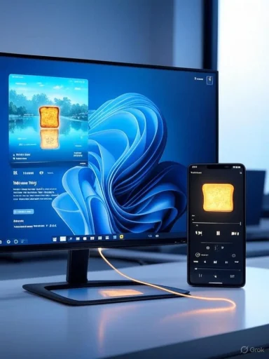 A monitor and smartphone connected by an orange charging cable, both showing an orange toast image.