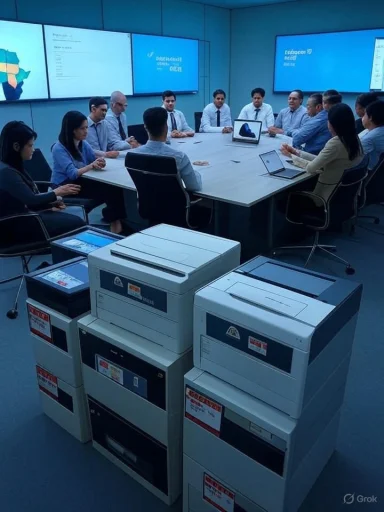 A corporate meeting around a long table in a blue-lit conference room with printers in the foreground.