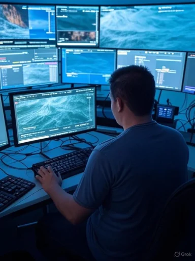 A man monitors ocean data across multiple blue-lit computer screens.