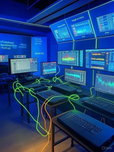 Neon-lit computer lab with multiple monitors displaying graphs and glowing cables.
