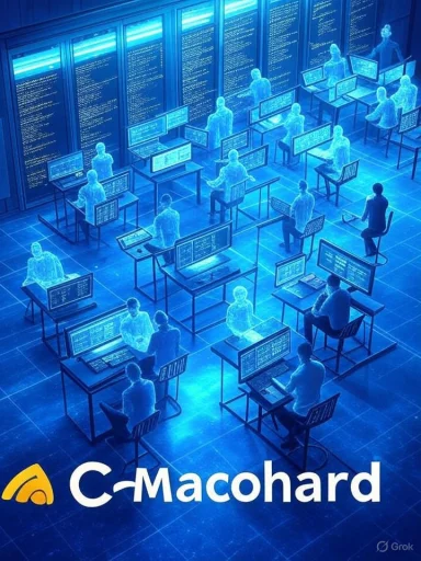 Blue-toned data center with holographic workers seated at rows of computer desks.