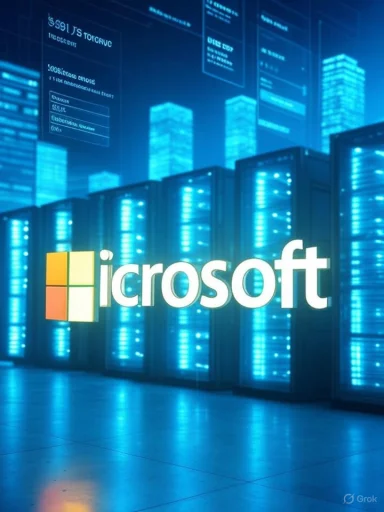 Microsoft logo glows in a blue-lit data center with rows of servers.