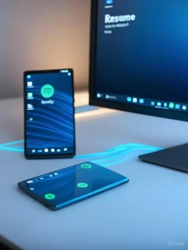 Sleek desk setup with two smartphones and a monitor, all displaying Spotify.