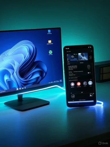 A monitor and a smartphone glow on a desk bathed in blue ambient lighting.