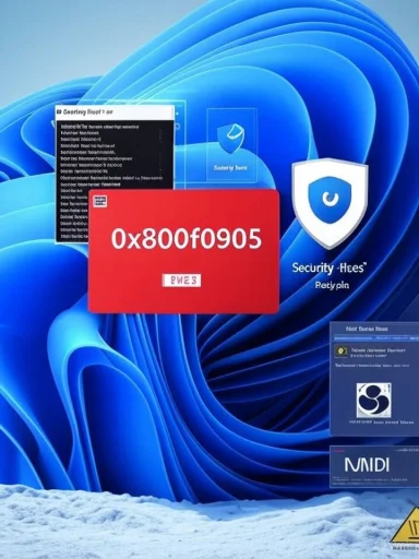 Windows 11 desktop featuring security icons and a red 0x800f0905 error card.