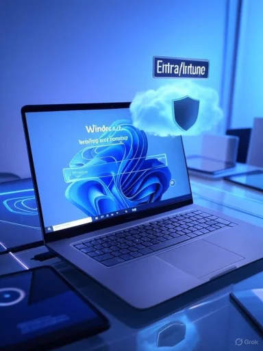 A blue-lit laptop on a glass desk displays Windows 11 with a cloud shield icon.