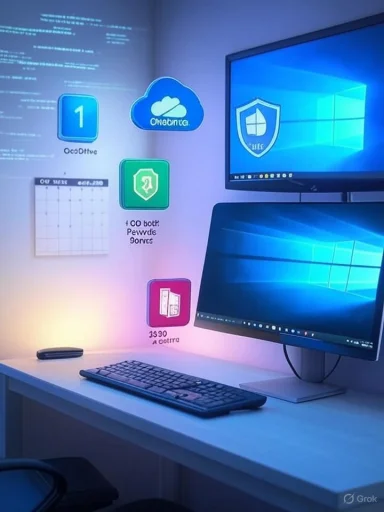 A modern desk setup with dual monitors and a wall of colorful app icons.