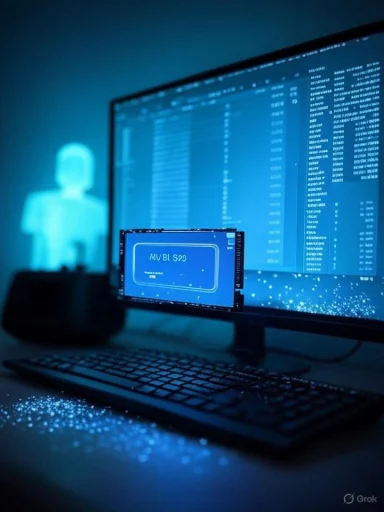 Blue-lit workstation with a glowing SSD in front of a monitor displaying data.