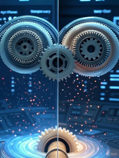Symmetrical gears interlock along a central seam above a high-tech control room.