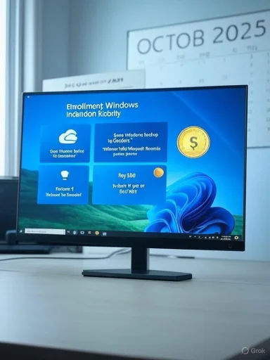 A desktop monitor on a desk shows a Windows-style dashboard with blue tiles.