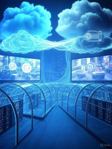 A futuristic blue data center with curved glass walkways, city screens, and a glowing cloud network.