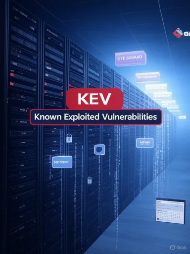 Data center hallway with rows of server racks and a KEV: Known Exploited Vulnerabilities label.