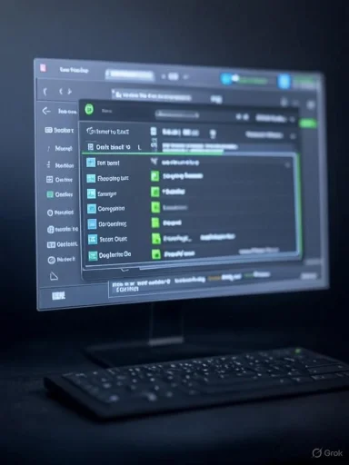 A dark computer monitor shows a multi-panel software interface with a list and green icons, keyboard in the foreground.