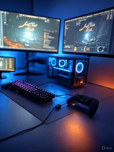 A blue-lit gaming workstation with dual monitors, RGB keyboard, mouse, and a game controller.