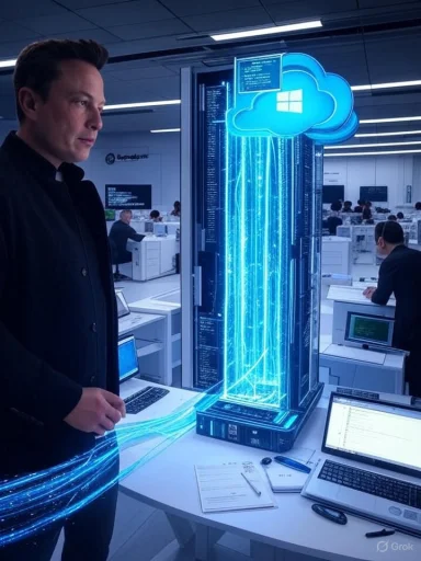 A man watches a futuristic cloud data server glowing with neon blue streams.