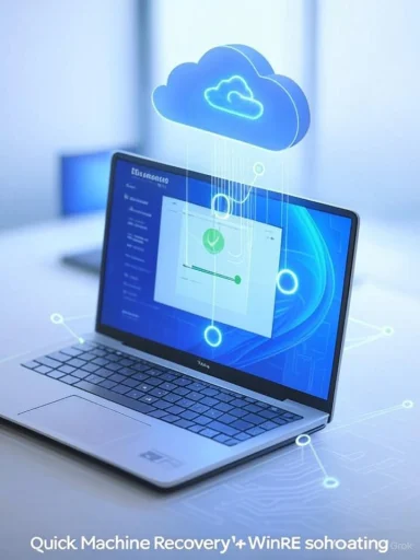 A laptop displays cloud-based recovery visuals with a glowing blue cloud icon above.