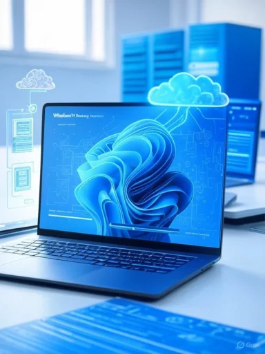 A blue-lit laptop on a desk displays cloud-computing graphics with holographic clouds.