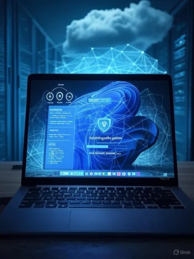 A laptop shows a blue holographic cybersecurity dashboard with cloud-network visuals.