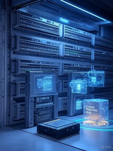 Futuristic server room with blue holographic displays and a glowing data cube.