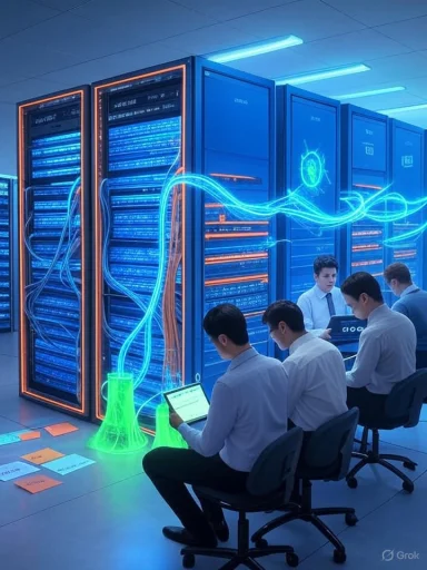 A high-tech data center with neon blue and orange cables and staff monitoring server racks.