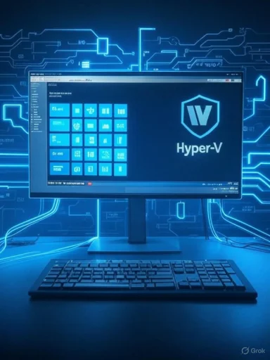 A computer monitor shows a Hyper-V interface with a neon blue circuit-themed background.