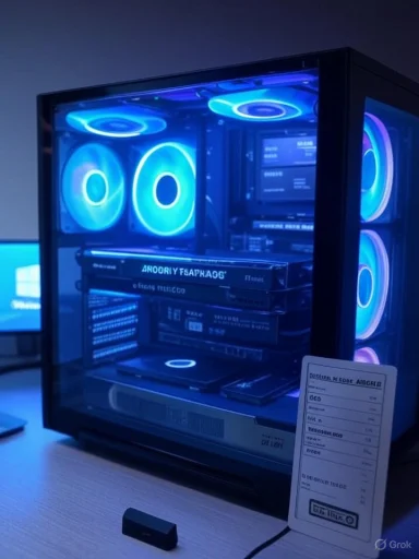 A desktop PC tower with blue LED-lit fans visible through a glass side panel.