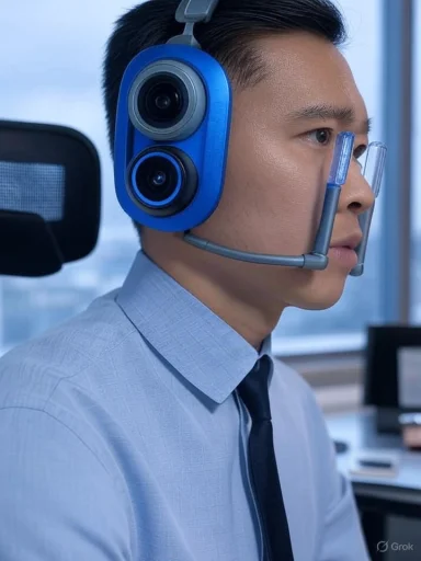 A man in a light blue shirt wears a blue dual-camera headset with a mic.