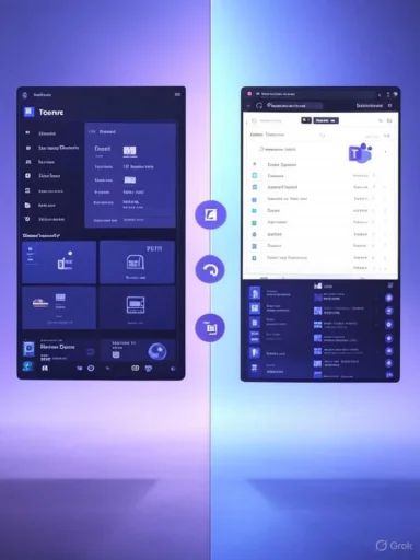 A split-screen view shows two tablets with dark and light UI themes side by side.
