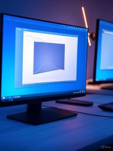 Blue-tinted computer monitor displaying a graph in a dim lab.