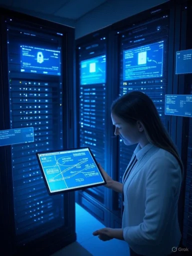 A woman in a lab coat analyzes data on a blue-lit tablet in a server room.