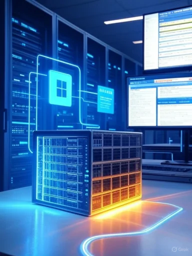 Futuristic data center with a neon-lit server and a glowing Windows emblem.