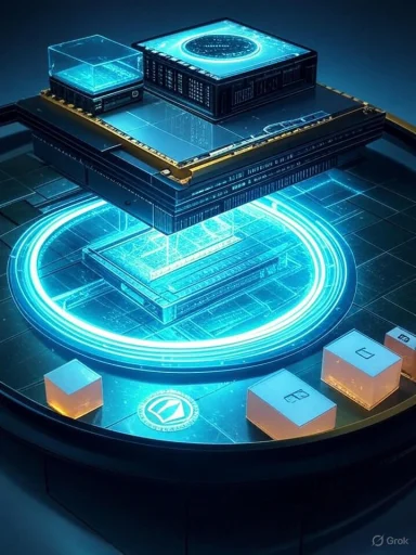 Futuristic holographic data core on a glowing circular pedestal with stacked modules.