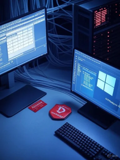 Blue-lit server room with two monitors displaying code and a red hexagonal safety sign on the desk.