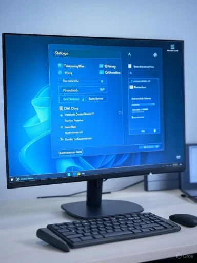 A desktop computer setup with a large monitor, keyboard and mouse on a desk.