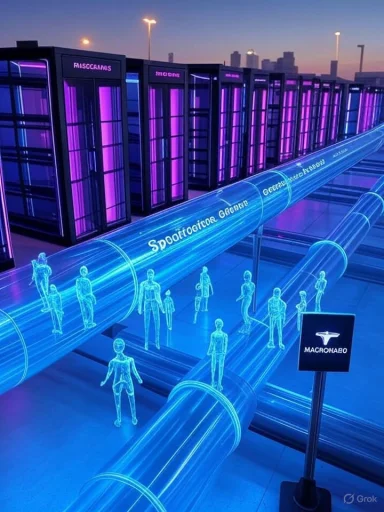 Futuristic data center with glowing blue pipelines, purple-lit server racks, and holographic human figures.