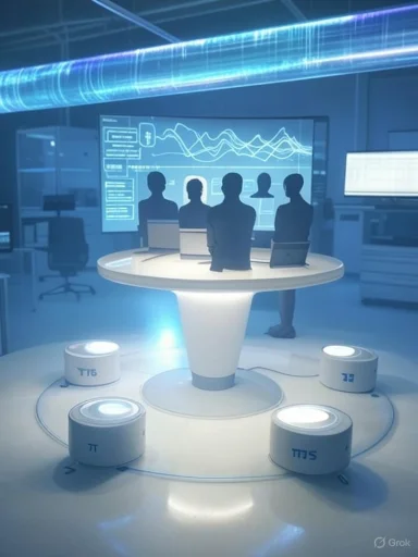A futuristic control room with a holographic round table, silhouettes of people, and data dashboards.