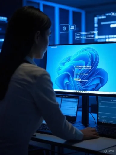 A woman in a lab coat works at a blue-lit, multi-monitor tech workstation.