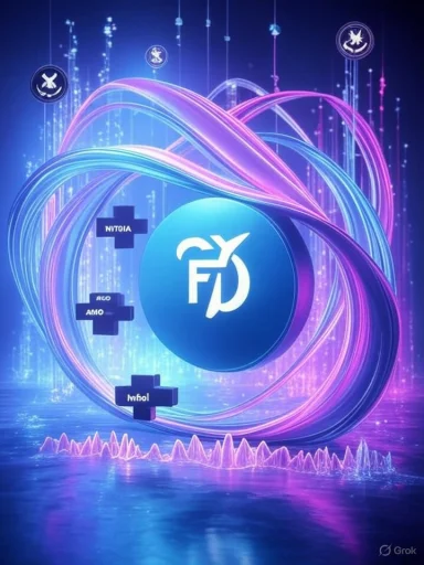A neon futuristic scene featuring a blue sphere with a white logo surrounded by multicolored glowing ribbons.