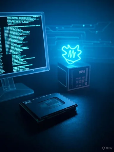 Blue-lit workstation with code on screen, a neon shield emblem, and a hard drive.