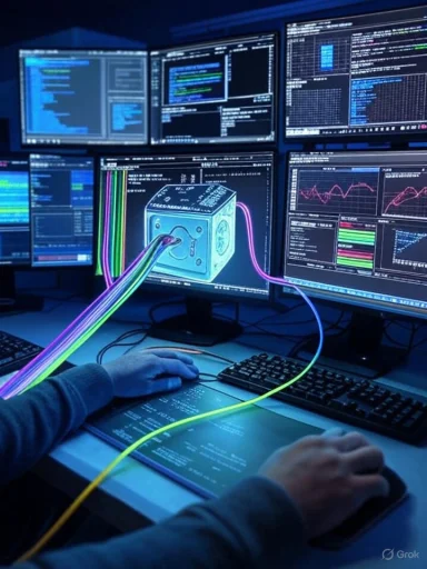 A hacker-style workstation with multiple monitors displaying code and graphs, connected to a glowing blue cube.