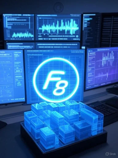 Blue neon F8 logo above a holographic cube cluster, with monitors displaying data charts.