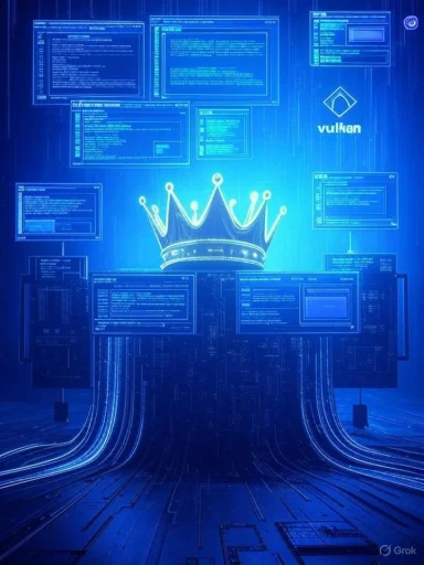 Blue neon crown rises over a Vulkan-themed pedestal of cascading code screens.