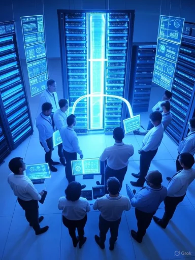 IT technicians gather in a blue-lit data center around a glowing central server.