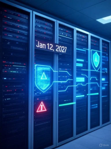 Row of server racks in a data center with glowing neon shields and the date Jan 12, 2027.