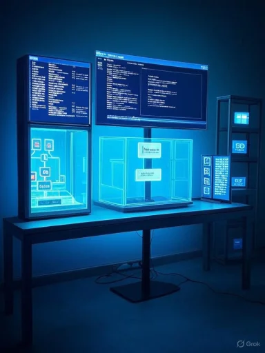 A futuristic blue-lit tech exhibit featuring glass display cases with code and diagrams.