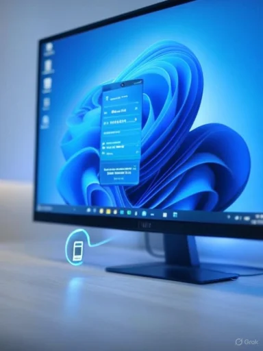 Monitor displays blue abstract wallpaper with a floating smartphone UI and a holographic phone icon on the desk.