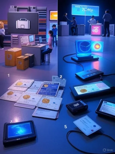 A futuristic tech exhibit with interactive stations, glowing displays, and people exploring digital cards.