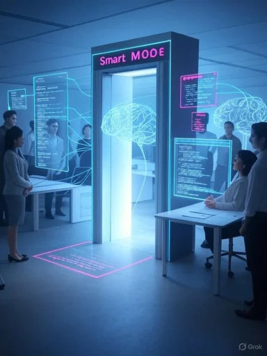 A futuristic lab scene with a glowing 'Smart MODE' doorway, holographic screens, and people around a brain portal.