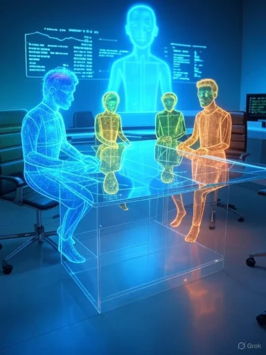 Neon holographic figures sit around a glass conference table.